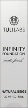 Matujący podkład do twarzy Tuli Labs Infinity Natural Beige, 30 ml, widok z przodu, białe opakowanie.