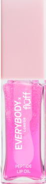 Peptydowy olejek do ust Everybody x fluff London w przezroczystej butelce, jasnoróżowy, błyszczący, widok z przodu.