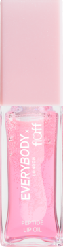 Różowy peptydowy olejek do ust Everybody x floff z brokatem, w przezroczystej butelce, widok z przodu.