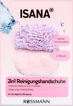 Opakowanie ISANA 2w1 rękawiczek do demakijażu, 2 sztuki: puszysta fioletowa i różowa, z wodnymi akcentami.
