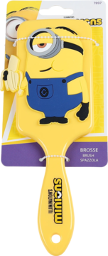 Żółta szczotka do włosów Minions, płaska, z wizerunkiem Minionka z bananem, zapakowana w blister.