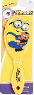 Żółta szczotka Minions do włosów, z wizerunkiem Minionka w niebieskich szelkach trzymającego misia, w opakowaniu.