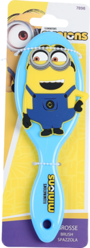 Minions kids hairbrush: light blue, yellow smiling Minion in blue overalls, goggle details. Packaged, frontal view.
