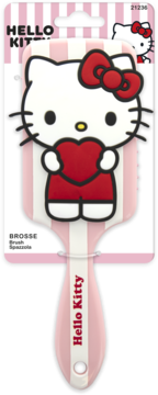 Hello Kitty szczotka do włosów z różowo-białymi paskami, z postacią Hello Kitty trzymającą serce, w blistrze.