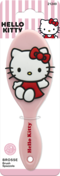 Różowa szczotka do włosów Hello Kitty z postacią w czerwonej sukience na opakowaniu, widok z przodu.