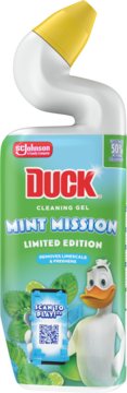 Żel do WC Duck Mint Mission, biała butelka z zakrzywioną szyjką, etykieta z kaczką, miętą i limonkami, widok z przodu.