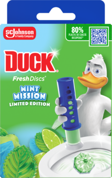 Pionowe, zielone opakowanie DUCK Fresh Discs Mint Mission Limited Edition. Na nim kaczka z aplikatorem miętowym do WC.