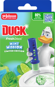 Zielone opakowanie, przód Duck Fresh Discs Mint Mission Limited Edition do WC, z kaczką i aplikatorem.