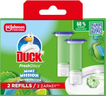 SC Johnson Duck Fresh Discs Mint Mission, 2 wkłady odświeżające do WC, zielone opakowanie, przód, limitowana edycja.