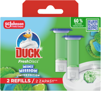 Zielone opakowanie Duck Fresh Discs Mint Mission, 2 zapasy żelowych krążków WC, edycja limitowana, miętowy zapach.