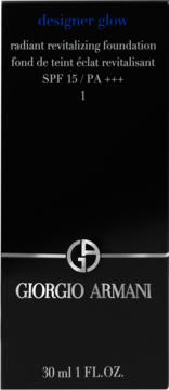 Czarne pudełko rozświetlającego podkładu Giorgio Armani Designer Glow 30ml, srebrne napisy i logo, widok z przodu, SPF 15.
