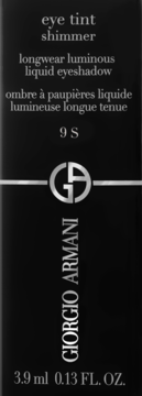 Giorgio Armani Eye Tint Shimmer 9S. Czarne opakowanie płynnego cienia z srebrnym logo GA. Widok z przodu.
