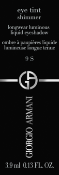 Giorgio Armani Eye Tint Shimmer, płynny cień do powiek. Czarna etykieta z srebrnym logo i napisami.