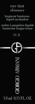 Etykieta Giorgio Armani Eye Tint Shimmer płynny cień do powiek, czarne tło, srebrny tekst i logo, widok z przodu.