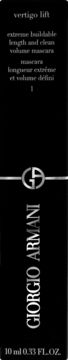 Pionowy, czarny kartonik tuszu do rzęs Giorgio Armani Vertigo Lift, srebrne logo i szary tekst, 10ml.