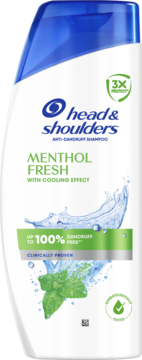Biały szampon przeciwłupieżowy Head & Shoulders Menthol Fresh w butelce z niebieską nakrętką, widok z przodu.
