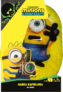 Żółta gąbka kąpielowa dziecięca Minionki; opakowanie z logo Minions & Monsters i Minionkiem z kamerą.