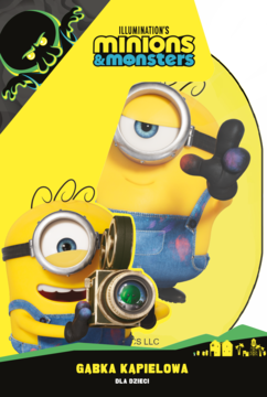 Gąbka do kąpieli Bubble Bath Minions & Monsters, żółte opakowanie z dwoma uśmiechniętymi Minionkami.