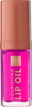 Avon Nourishing Lip Oil, olejek do ust w przezroczystej butelce z intensywnie różowym płynem i brązową zakrętką.