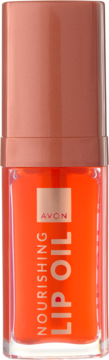 Przezroczysta butelka Avon Nourishing Lip Oil Hot Tropic z jaskrawopomarańczowym olejkiem i brzoskwiniową nakrętką.