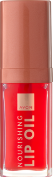 Avon Nourishing Lip Oil w odcieniu Take a Hint, czerwony olejek w przezroczystym opakowaniu z brzoskwiniową zakrętką.