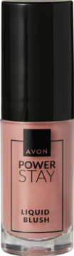 Avon Power Stay Liquid Blush Sunset Carnation, róż w płynie o świetlistym macie, w przezroczystej butelce, widok z przodu.