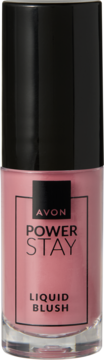 Avon Power Stay Liquid Blush Tulip Kiss. Różowy róż w płynie w przezroczystej, cylindrycznej butelce z czarną nakrętką, widok z przodu.
