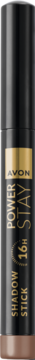 Avon Power Stay cień do powiek w sztyfcie Burnt Caramel, czarna obudowa, złote napisy, widok pionowy.