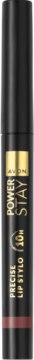 Pionowy widok Avon Power Stay precyzyjnej szminki matowej Tawny Triumph, czarny pisak ze złotym logo.