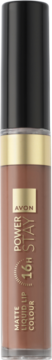 Avon Power Stay 16H matowa szminka w płynie Non Stop Nude, przezroczysta butelka ze złotym paskiem, z przodu.