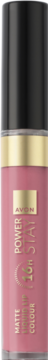 Avon Power Stay matowa szminka w płynie Persistent Pink, różowa tubka, czarna nakrętka, złoty pasek, widok z przodu.