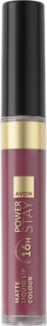 Avon Power Stay 16H Matowa Szminka w Płynie Motivated Mauve, butelka z czarną nakrętką, widok z przodu.