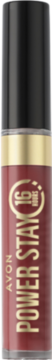 Avon Power Stay matowa szminka w płynie, odcień Rosey Posey. Czerwona butelka z czarną nakrętką, napis '16 HRS'.