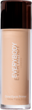 Przejrzysta butelka beżowej bazy pod podkład EVERYBODY LONDON Glow Face Primer, z ciemną nakrętką, widok z przodu.