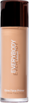 Rozświetlająca baza pod podkład Everybody Ever London Glow Face Primer, beżowa butelka z czarną nakrętką, widok z przodu.
