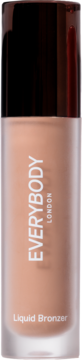 EVERYBODY LONDON Liquid Bronzer w przezroczystej butelce z beżowym płynem i ciemną pompką, widok z przodu.