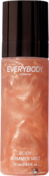 Butelka Everybody London Body Shimmer Mist 75ml, z brokatowym płynem w kolorze brzoskwiniowym, widok z przodu.