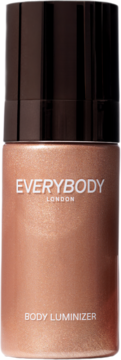 Płynny rozświetlacz EVERYBODY LONDON Body Luminizer, butelka w kolorze szampańskim z ciemną nakrętką, widok z przodu.