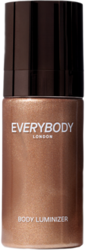 Miedziany płynny rozświetlacz EVERYBODY LONDON Body Luminizer w butelce z ciemną nakrętką, z efektem glow.