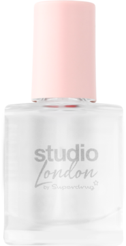 Studio London by Superdrug biały lakier do paznokci w szklanej butelce z różową nakrętką, widok z przodu.