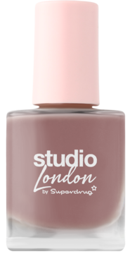 Lakier do paznokci Studio London w butelce, beżowo-różowy odcień nude, różowa nakrętka, widok z przodu.