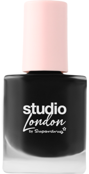Czarny lakier do paznokci Studio London by Superdrug w kwadratowej butelce z różową nakrętką, widok z przodu.