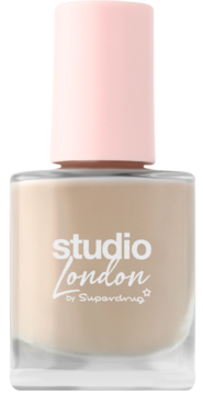 Nude lakier do paznokci Studio London by Superdrug w przezroczystej butelce z różową nakrętką, widok z przodu.