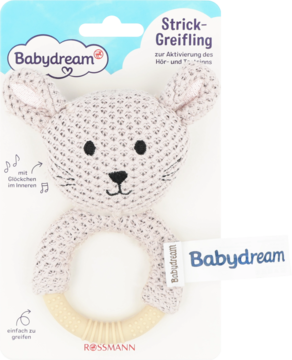 Babydream dziergana grzechotka/gryzak z myszką i drewnianym kółkiem, beżowo-różowa, na blistrze.
