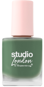 Oliwkowy lakier do paznokci Studio London by Superdrug w kwadratowej butelce z różową nakrętką, widok z przodu.