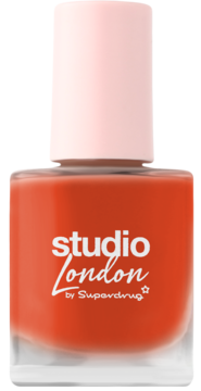 Studio London by Superdrug lakier do paznokci w koralowym odcieniu, butelka z różową nakrętką, widok z przodu.
