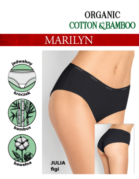 Czarne figi Julia Marilyn z organicznej bawełny i bambusa, widok na modelce z przodu i z tyłu.