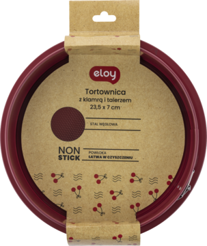 Tortownica Eloy non-stick, ciemnoczerwona, 23,5x7cm, z klamrą i talerzem, w kartonowym opakowaniu, widok z góry.