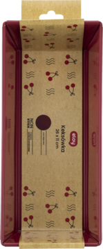 Czerwona metalowa forma do keksu Eloy 26x11 cm, z papierową wkładką non-stick w wiśnie, widok z góry.