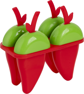 Czerwono-zielony zestaw 4 foremek do lodów w kształcie papryczek chili, na czerwonej tacce, widok z przodu.